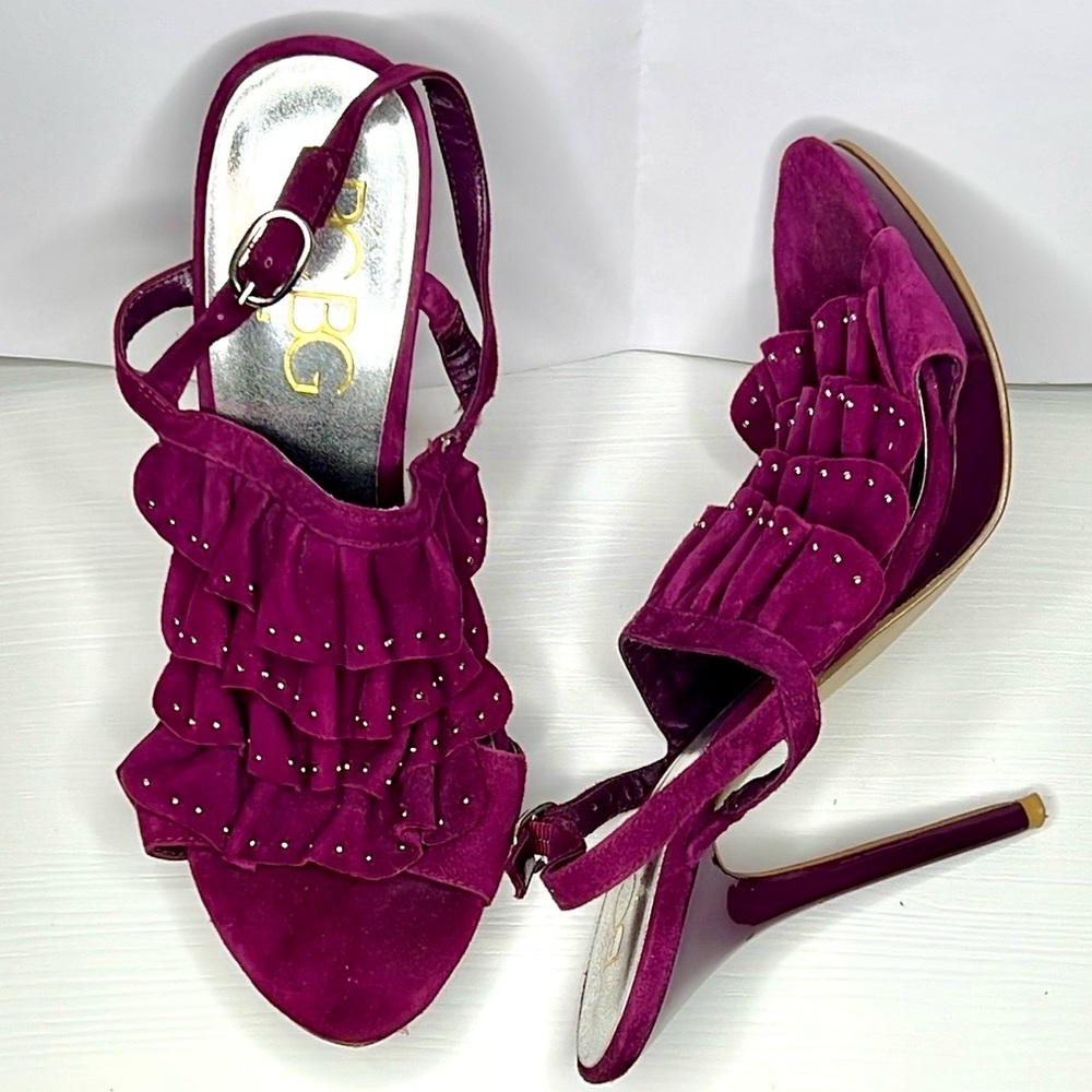 BCBG Purple High-Heeled Suede Leather Sandals with Ruffle Design